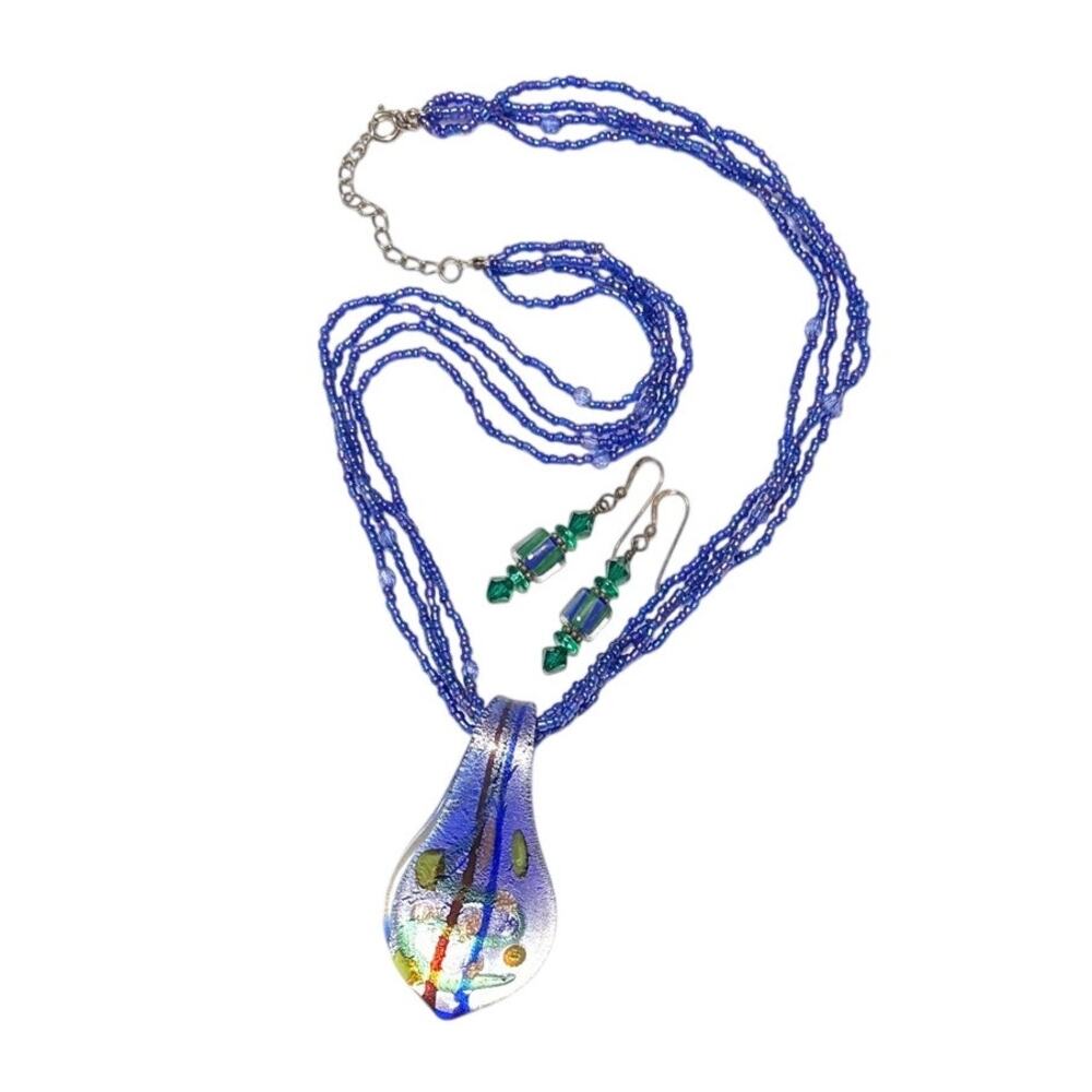 Blue Art Dichroic Glass Necklace & Earrings Set Beaded Pendant Murano Style